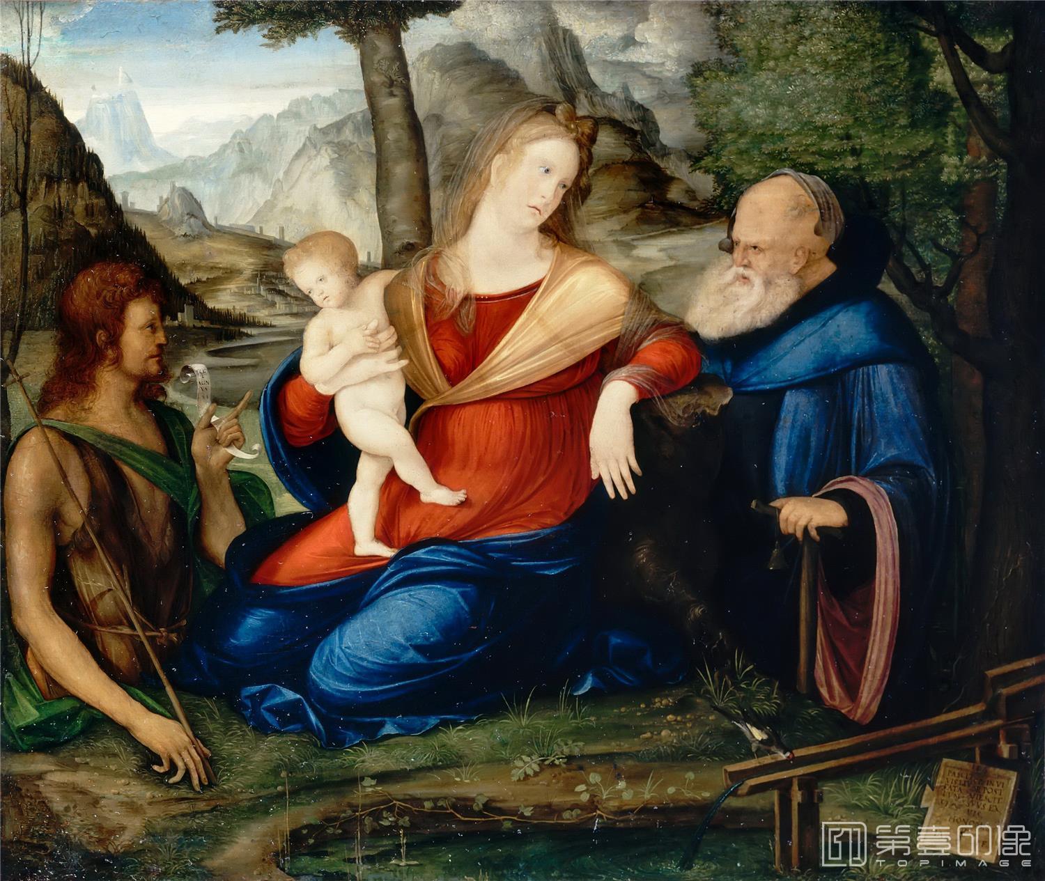 油画-卢浮宫-Jacopo de’BarbariVirgin and Child flanked by Saints John the Baptist and Anthony Abbot-0956